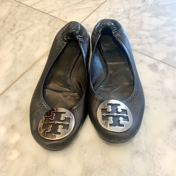 Tory Burch Minnie Travel Leather Ballet Flats Black & Silver 8.5 - Picture 3 of 8